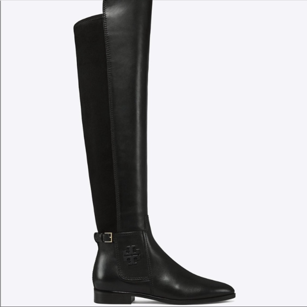 Tory Burch Wyatt Over-The-Knee Tall Boots In Black Leather/Suede With Logo